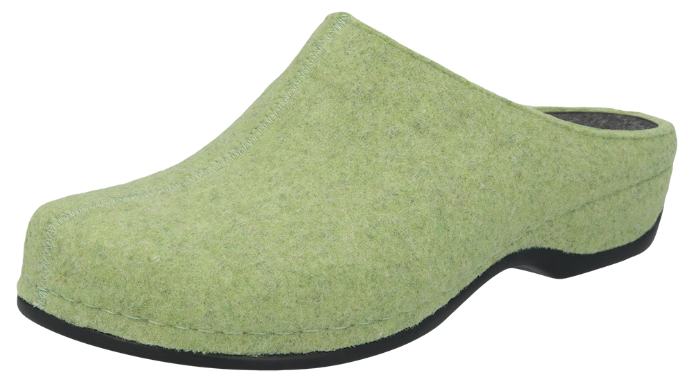 Hellgrüner Filzclog von Berkemann, Modell Florina, mit Wechselfußbett und schwarzer Sohle, Seitenansicht auf weißem Hintergrund.