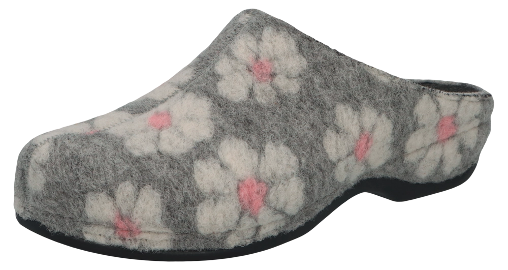 Grauer Filzclog von Berkemann, Modell Donata, mit weißen und rosafarbenen Blumenmustern und schwarzer Sohle, Seitenansicht auf weißem Hintergrund.