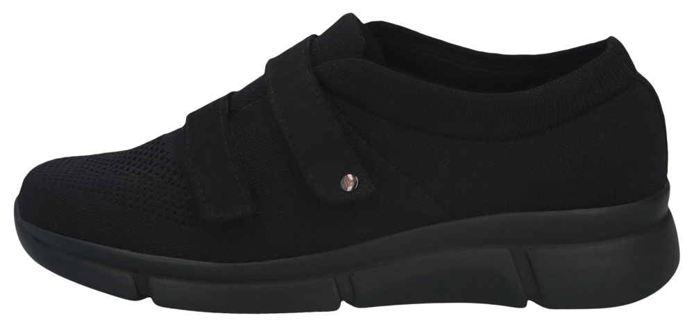 Berkemann-Modell Alinda in seitlicher Ansicht, schwarzer Schuh mit zwei Klettverschlüssen aus Strickmaterial.