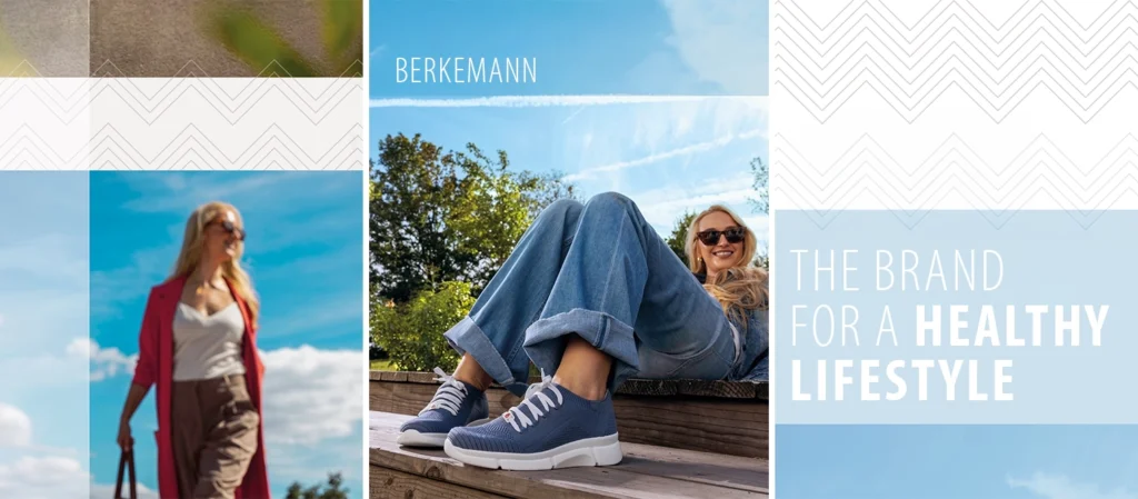 Collage mit einer Person, die blaue Sneaker von Berkemann trägt; rechts befindet sich der Schriftzug „THE BRAND FOR A HEALTHY LIFESTYLE“.